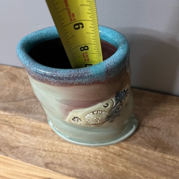 Pottery Vase CS Artisan Stamped Blue/Green/Brown 3D Floral accents. 8” H - Picture 8 of 11
